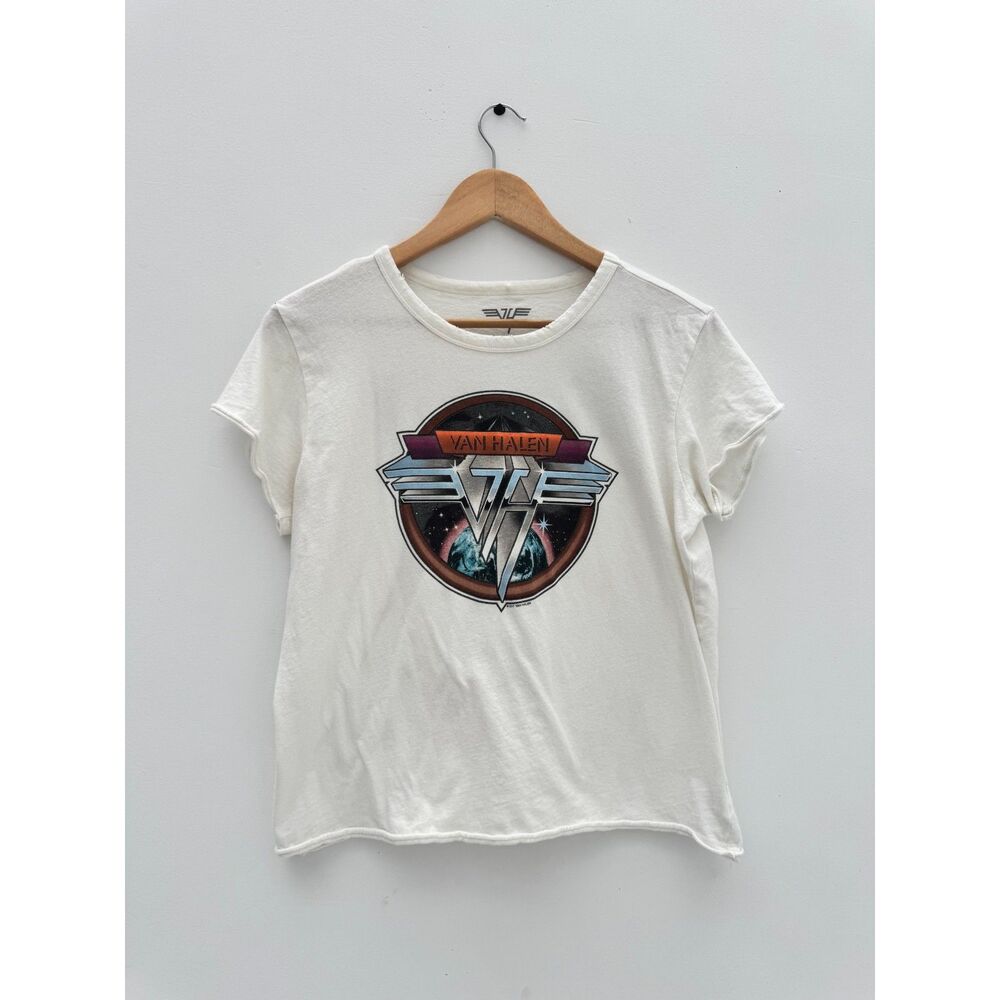 Van Halen Logo Band T-Shirt - White - Cropped Raw Hem - Size L (2017 Reprint)